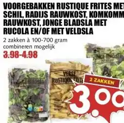 MCD Supermarkt VOORGEBAKKEN RUSTIQUE FRITES MET SCHIL, RADIJS RAUWKOST, KOMKOMMER RAUWKOST, JONGE BLADSLA MET aanbieding