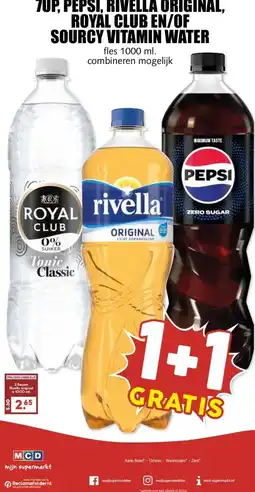 MCD Supermarkt 7UP, PEPSI, RIVELLA ORIGINAL, ROYAL CLUB EN/OF SOURCY VITAMIN WATER aanbieding