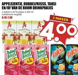 MCD Supermarkt Appelsientje, DubbelFrisss, Taksi en/of van de Boom drinkpakjes aanbieding