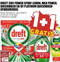 MCD Supermarkt Dreft 3inl Power spray lemon, Max Power, Quickwash en/of Platinum quickwash aanbieding
