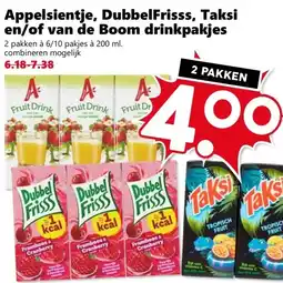 CoopCompact Appelsientje, DubbelFrisss, Taksi en/of van de Boom drinkpakjes aanbieding
