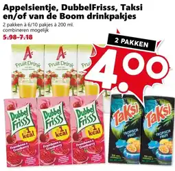 Coop Appelsientje, DubbelFrisss, Taksi en/of van de Boom drinkpakjes aanbieding