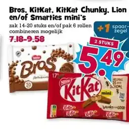 Boon`s Markt Bros. KitKat, KitKat Chunky. Lion en/of Smarties mini's aanbieding
