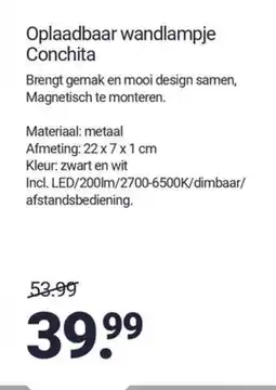Inter Chalet Oplaadbaar wandlampje Conchita aanbieding