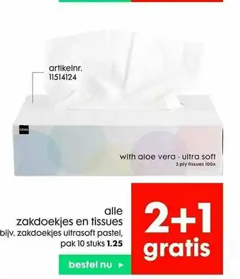HEMA Alle Zakdoekjes En Tissues 2+1 Gratis aanbieding