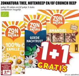 De Boerenschuur Zonnatura thee, notenreep en/of crunch reep aanbieding