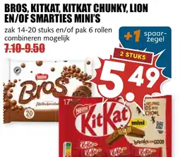 De Boerenschuur Bros, kitkat, kitkat chunky, lion en/of smarties mini's aanbieding