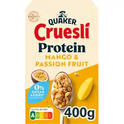 Jumbo Quaker Cruesli Protein Zero Sugar Added Mango & Passion Fruit 400 g aanbieding