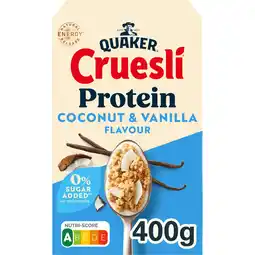 Jumbo Quaker Cruesli Protein Zero Sugar Added Coconut & Vanilla 400 g aanbieding
