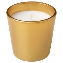 IKEA Gouden cilindrische kaarsenpot met witte was en katoenen lont, staat alleen tegen wit aanbieding