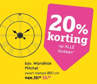 Leen Bakker bijv. Wandklok Mitchel zwart metaal Ø60 cm aanbieding