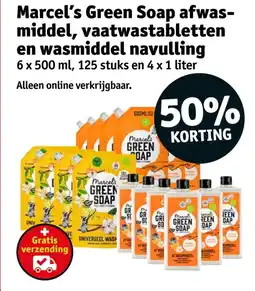 Kruidvat Marcel's Green Soap afwas middel, vaatwastabletten en wasmiddel navulling aanbieding