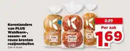 PLUS Korenlanders van PLUS Waldkorn, sesam en reuze krenten rozijnenbollen aanbieding