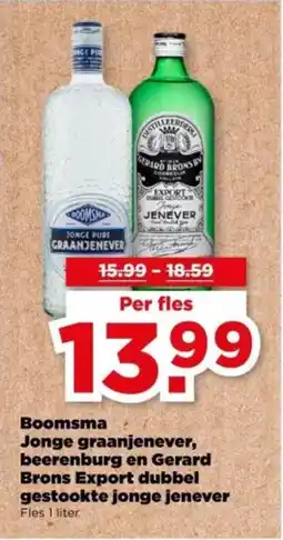 PLUS Boomsma Jonge graanjenever, beerenburg en Gerard Brons Export dubbel gestookte jonge jenever aanbieding