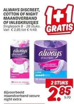 Dekamarkt Always discreet, cotton of night maandverband of inlegkruisjes aanbieding