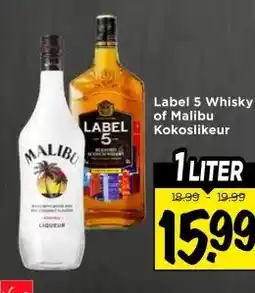 Vomar Voordeelmarkt Label 5 Whisky of Malibu Kokoslikeur aanbieding