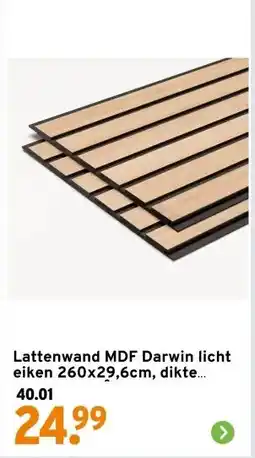 GAMMA Lattenwand MDF Darwin licht eiken 260x29,6cm, dikte 12mm 1.53m² (2stuks) aanbieding