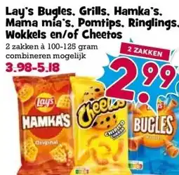 Boon`s Markt Lay's Bugles. Grills, Hamka's. Mama mía's. Pomtips. Ringlings. Wokkels en/of Cheetos aanbieding
