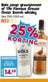Boon`s Markt Bols jonge graanjenever of The Famous Grouse finest Scotch whisky aanbieding