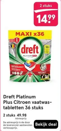 Etos Dreft Platinum Plus Citroen vaatwas- tabletten 36 stuks aanbieding