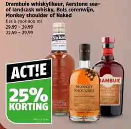 Poiesz Drambuie whiskylikeur, Aerstone sea of landcask whisky, Bols corenwijn, Monkey shoulder of Naked aanbieding