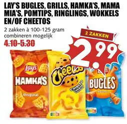 De Boerenschuur Lay's bugles, grills, hamka's, mama mia's, pomtips, ringlings, wokkels en/of cheetos aanbieding