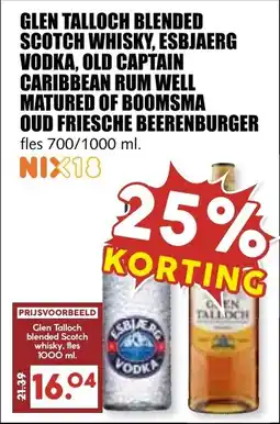 De Boerenschuur Glen talloch blended scotch whisky,esbjerg vodka,old captain caribbean rum well matured of boomsma oud friesche beerenburger aanbieding