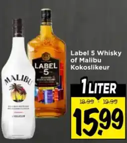 Vomar Voordeelmarkt Label 5 Whisky of Malibu Kokoslikeur aanbieding