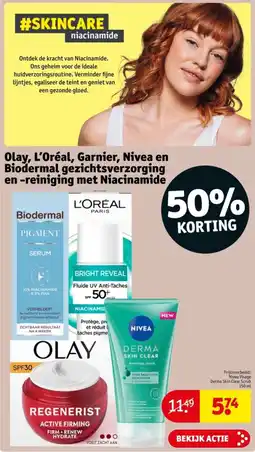 Kruidvat Olay, L'Oréal, Garnier, Nivea en Biodermal gezichtsverzorging en reiniging met Niacinamide aanbieding