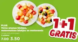 PLUS PLUS Verse ananas blokjes, watermeloen blokjes en meloenmix aanbieding