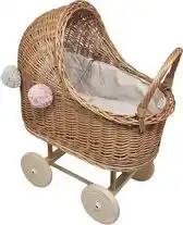 Bol.com Playwood - Rieten Poppenwagen - kinderwagen- met pompons -Crème - Beige bekleding - 2 kussentjes aanbieding