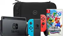 Coolblue Nintendo Switch Rood/Blauw + Super Mario Bros. Wonder + BlueBuilt Beschermhoes aanbieding