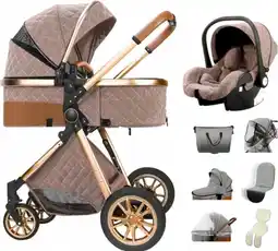 Bol.com Luxe multi-functionele 3 in 1 kinderwagen - Kwalitatieve buggy - Opklapbare wandelwagen - Khaki aanbieding