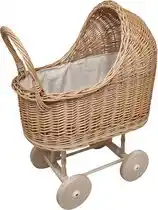 Bol.com Playwood - Rieten - Poppenwagen - Crème - Beige bekleding met kussentjes rieten kap -houten wiel aanbieding