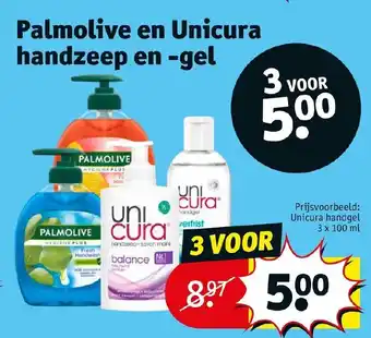 Kruidvat Palmolive en unicura handzeep en -gel aanbieding