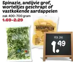 Coop Spinazie, andijvie grof, worteltjes geschrapt of vastkokende aardappelen aanbieding