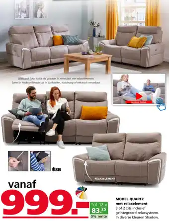 Seats and Sofas Model quartz met relaxelement aanbieding