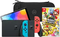 Coolblue Nintendo Switch OLED Blauw/Rood + Mario Party Jamboree + BlueBuilt Beschermhoes aanbieding