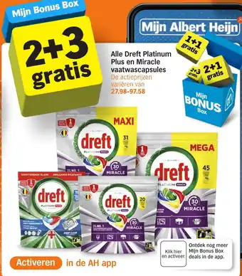 Albert Heijn Alle Dreft Platinum Plus en Miracle vaatwascapsules aanbieding