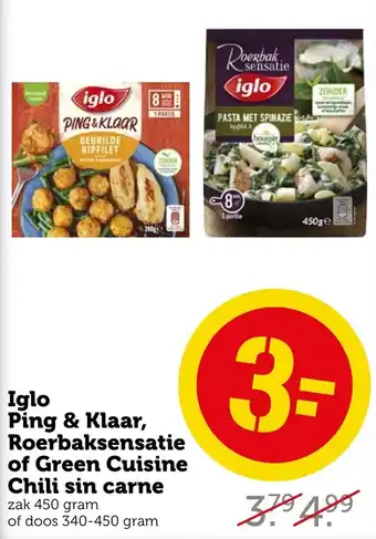 Coop Iglo Ping & Klaar, Roerbaksensatie of Green Cuisine Chili sin carne 450g aanbieding