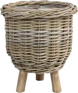 Intratuin Van der Leeden plantenmand op poten rotan grijs D 34 H 40 cm aanbieding