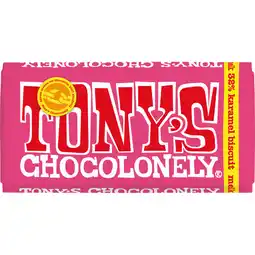 Jumbo Tony's Chocolonely Melk Karamel Biscuit Chocolade Reep 180 g aanbieding