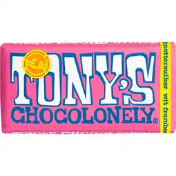 Jumbo Tony's Chocolonely Wit 28% Framboos Knettersuiker Chocolade Reep 180 g aanbieding