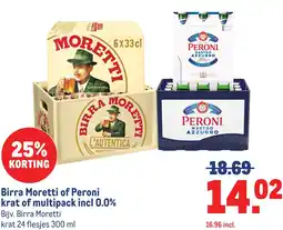 Makro Birra Moretti of Peroni krat of multipack incl 0,0% aanbieding