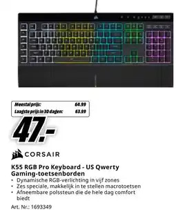 MediaMarkt Corsair K55 RGB Pro Keyboard - US Qwerty Gaming-toetsenborden aanbieding