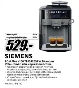 MediaMarkt Siemens EQ.6 Plus s100 TE651209RW Titanium Volautomatische espressomachine aanbieding