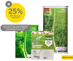 Praxis op Central Park gazonmeststof start en onderhoud en Pokon gazonmeststof en kalk aanbieding