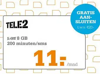 Telecombinatie Tele2 8 GB 20 Minuten-Sms aanbieding