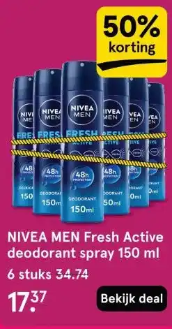 Etos NIVEA MEN Fresh Active deodorant spray 150 ml aanbieding