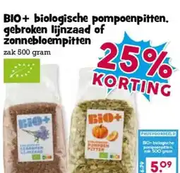 Boon`s Markt BIO+ biologische pompoenpitten. gebroken lijnzaad of zonnebloempitten aanbieding